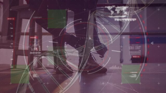 Animation of screen with scientific data and dna over legs of caucasian man tying shoes