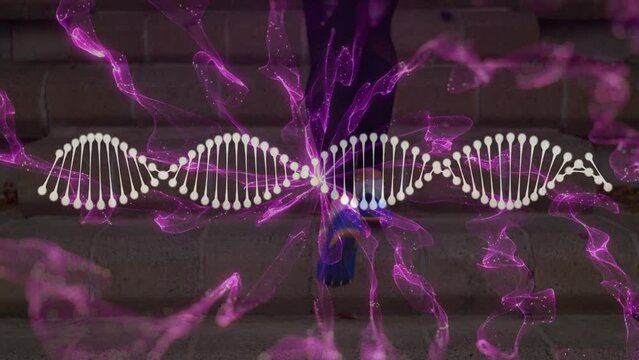 Animation of screen with purple waves and dna over legs of caucasian woman running