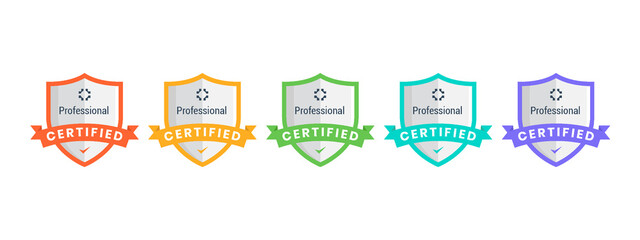 Certification badge design. Shield shape design with ribbon. Vector Illustration.