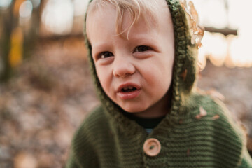 Close-up of cute little boy with grimace in knitted hoodie in forest, autumn concept.