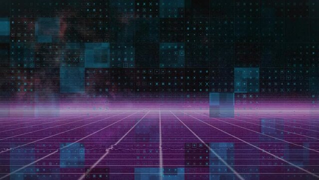 Animation of dots and blue squares moving over digital black and violet space