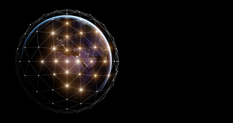 Global technologies data on the world map banner background. 3d computer network covering the planet Earth. 5G, navigation, internet concept. Elements of this image were furnished by NASA.