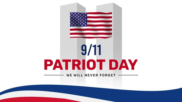 Patriot Day, We will never forget 4K Animation with Twins tower illustration and waving American Flag. Remembering the victims of Nine Eleven