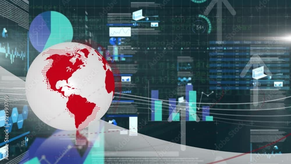 Poster Animation of data processing on screens with globe over arrows