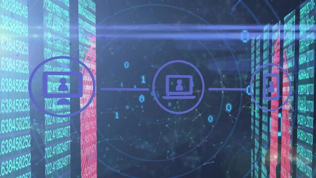 Animation of data processing and icons over binary coding