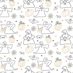 Halloween pattern with doodle ghosts on white background