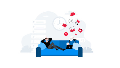 Quarantine homework concept. Comfortable workplace. Designer relaxing on sofa at home office. Outsource employee. Animation ready duik friendly vector illustration.