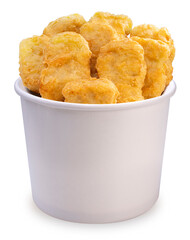 Fried nugget in paper bucket isolated on white background, Fried chicken nugget on white With clipping path.
