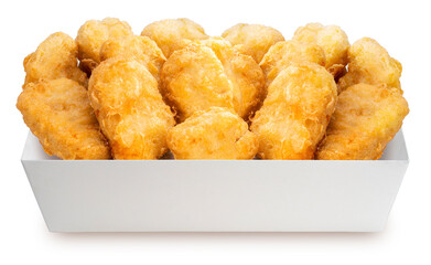 Fried nugget in paper bucket isolated on white background, Fried chicken nugget on white With clipping path.