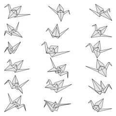 Set of origami crane vector grey illustration icon isolated on white background. Japanese traditional origami crane for infographic, website or app. Geometric line shape for art of folded paper.