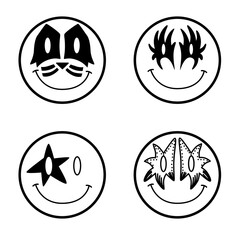 Four smile faces with rock band masks. Vintage 80-90s rock and roll. Cartoon rock star icon for music band, concert, party. Punk doodle. Vector illustration. Isolated element on white background.