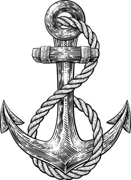 A ship or boat anchor and rope. In a vintage etching, woodcut or engraved tattoo or tatoo nautical sailor style illustration.