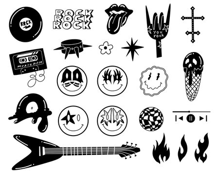 Vintage 80-90s rock and roll Set suitable for badges, pins, stickers. Cartoon rock star icon for music band, concert, party. Punk doodle set. Vector illustration. Isolated element on white background.