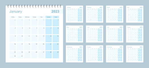 2023 wall planner in blue pastel color, week starts on Monday.