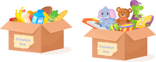 Boxed shelter donation. Full cardboard box of donations toy or food, relief grocery things for helping homeless hunger children, social help needy orphan kid, vector illustration - obrazy, fototapety, plakaty
