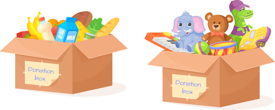 Boxed shelter donation. Full cardboard box of donations toy or food, relief grocery things for helping homeless hunger children, social help needy orphan kid, vector illustration