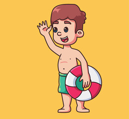 children playing a beach holding lifebuoy. Isolated cartoon person illustration. Flat Style Sticker element vector