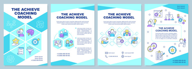 Achieve coaching model brochure template. Executive leadership. Leaflet design with linear icons. Editable 4 vector layouts for presentation, annual reports. Arial-Black, Myriad Pro-Regular fonts used