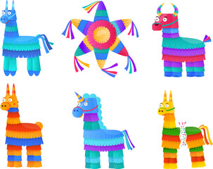 Obraz premium Cartoon pinata. Colorful mexican toys, pinatas mexico carnival children birthday paper containers candy sweets party kid celebration fiesta, neoteric flat icon vector illustration