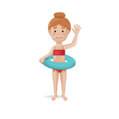 Illustration of a little girl in inflatable ring in 3d style.