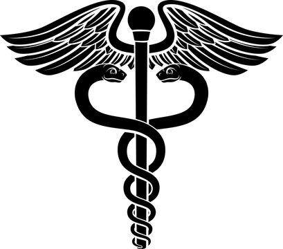 Caduceus symbol of two snakes intertwined around a winged rod. Associated with healing and medicine. 