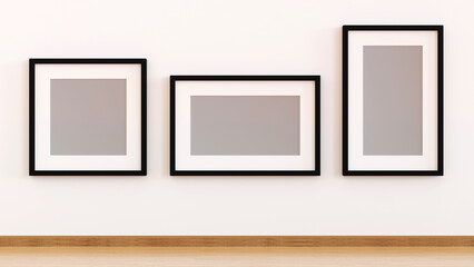 Empty picture frame on wall in living room, 3D rendering.