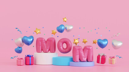 Happy mothers day Celebration, Balloon Mom text on podium with gift box, heart love, 3D rendering.