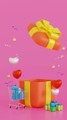 Promotion platform gifts box and balloon with supermarket cart, mock up for valentine or anniversary season, 3D rendering.