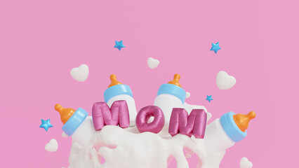 Happy Mothers day celebration, Mom text with baby bottle on milk splash, copy space add text, 3D rendering.