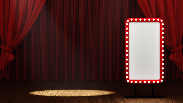 Blank mock up red billboard with light bulb on stage theatre or opera with red curtain and Spotlight, 3D rendering.