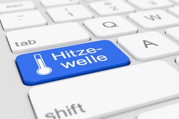 3d Illustration - Computer-Tastatur mit einer blauen Taste und der Aufschrift Hitzewelle