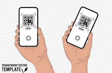 Vector hand holding the black smartphone with a sample QR code on the screen - modern smartphone frameless design and cartoon sketch style - template for mobile app or internet shop link