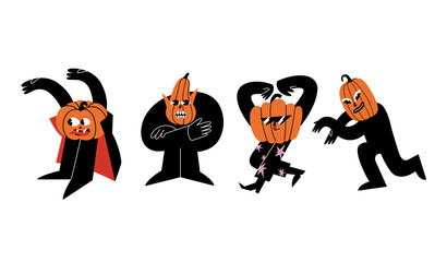 Vector illustration set of halloween pumpkin monsters. Cute cartoon spooky characters.