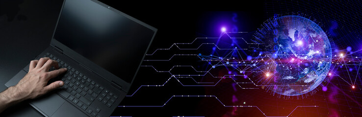 Global technologies data on the world map banner background. 3d computer network covering the...