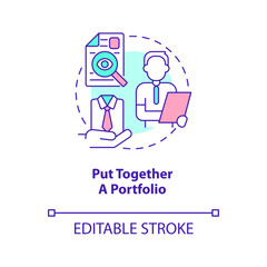 Put together portfolio concept icon. Job searching. Becoming fashion designer abstract idea thin line illustration. Isolated outline drawing. Editable stroke. Arial, Myriad Pro-Bold fonts used