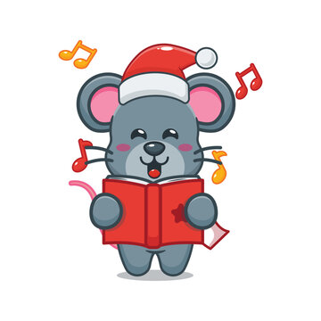 Cute christmas mouse sing a christmas song. Cute christmas cartoon illustrations.