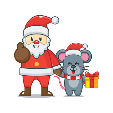 Cute christmas mouse with santa claus. Cute christmas cartoon illustrations.