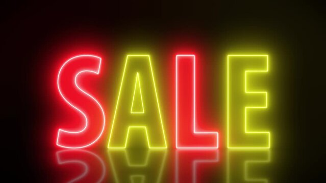 Video animation of glowing neon sign with message, sale in red and orange on reflecting floor. - Abstract background - seamless loop