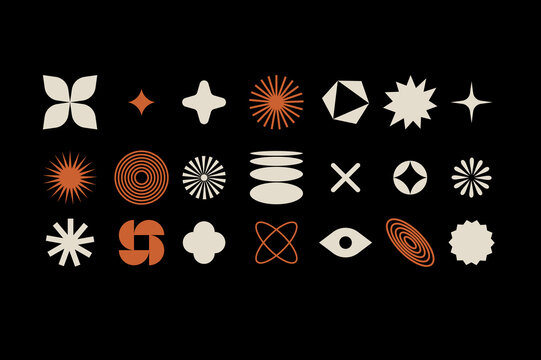 Vector set of different geometric shapes and elements. Brutalist design icons and signs. Basic forms.