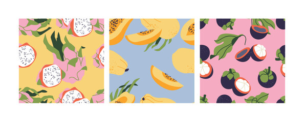 Vector set of seamless patterns with dragon fruit, papaya and mangosteen fruits. Abstract design for paper, cover, fabric.