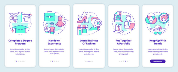 Becoming fashion designer onboarding mobile app screen. Walkthrough 5 steps editable graphic instructions with linear concepts. UI, UX, GUI template. Myriad Pro-Bold, Regular fonts used
