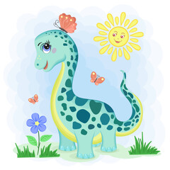 Small, cute, cartoon dinosaur with a butterfly. For children's design of prints, posters, cards, stickers, puzzles, etc. Vector