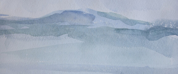 Landscape panorama background. Abstract mountain in morning haze. Neutral laconic painting with space for text. Airy gentle brush strokes on grungy paper. Calm watercolor artwork.