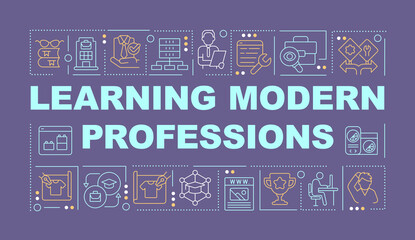 Learning modern professions word concepts purple banner. Infographics with editable icons on color background. Isolated typography. Vector illustration with text. Arial-Black font used