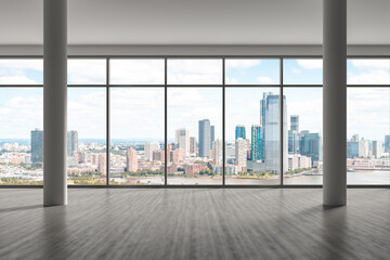 Fototapeta na wymiar Downtown New Jersey City Skyline Buildings from High Rise Window. Beautiful Expensive Real Estate. Empty room Interior Skyscrapers View Cityscape. Day. 3d rendering.