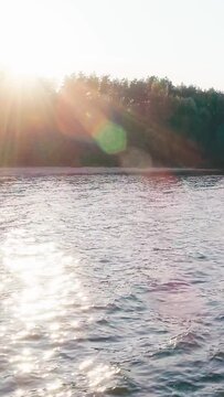 vertical video of sunlight on trees and river with waves