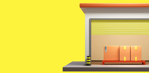 Courier business. Small building with boxes. Pickup point for orders concept. Cardboard boxes on pallet. Pickup point for courier company orders. Courier service buildings on yellow. 3d rendering.