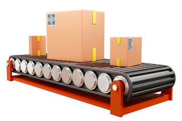 Technology fulfillment. Conveyor with boxes for Fulfillment business. Metaphor for fast order processing. Technology for Process Fulfillment. Cardboard parcels on conveyor. Order processing. 3d image
