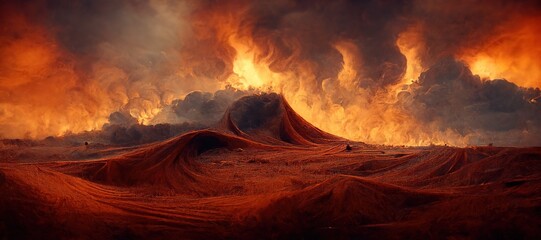 Post-apocalyptische brandende planeet, dor woestijnduinlandschap met infernovuurstormen die aan de horizon woeden. Schitterende surrealistische gebrande oranje en vurige rode digitale olieverfkleuren.