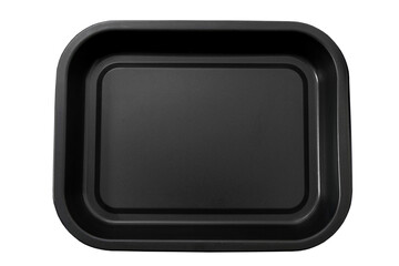 Baking tray isolated on white background. Empty black oven plate for cooking pie, cookies, turkey. Top view, copy space. Mock up metal kitchen cooking tool. Blank template
